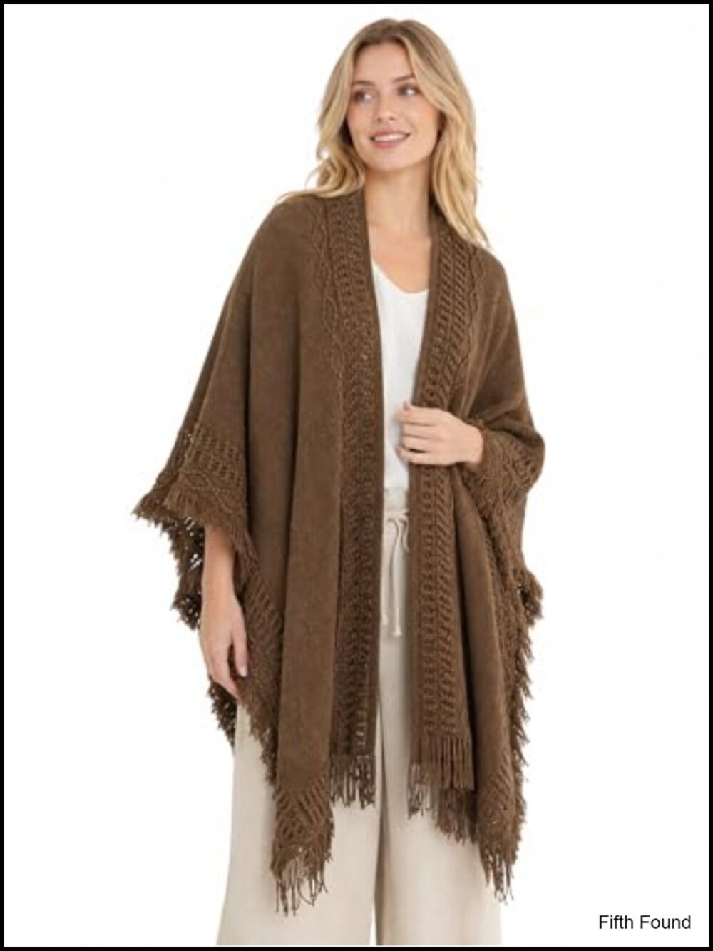 Oversized Crochet Knit Poncho Cardigan Open Front Fringe Wrap Layer